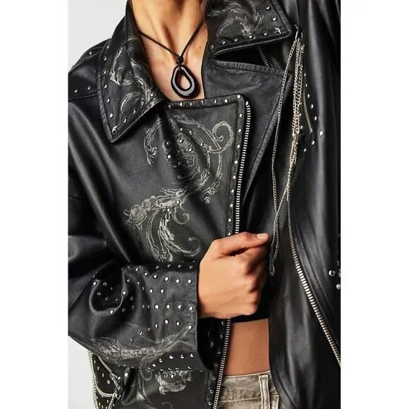 Free People Nigel Preston Chain Embellished Biker Jacket Leather - Picture 2 of 14